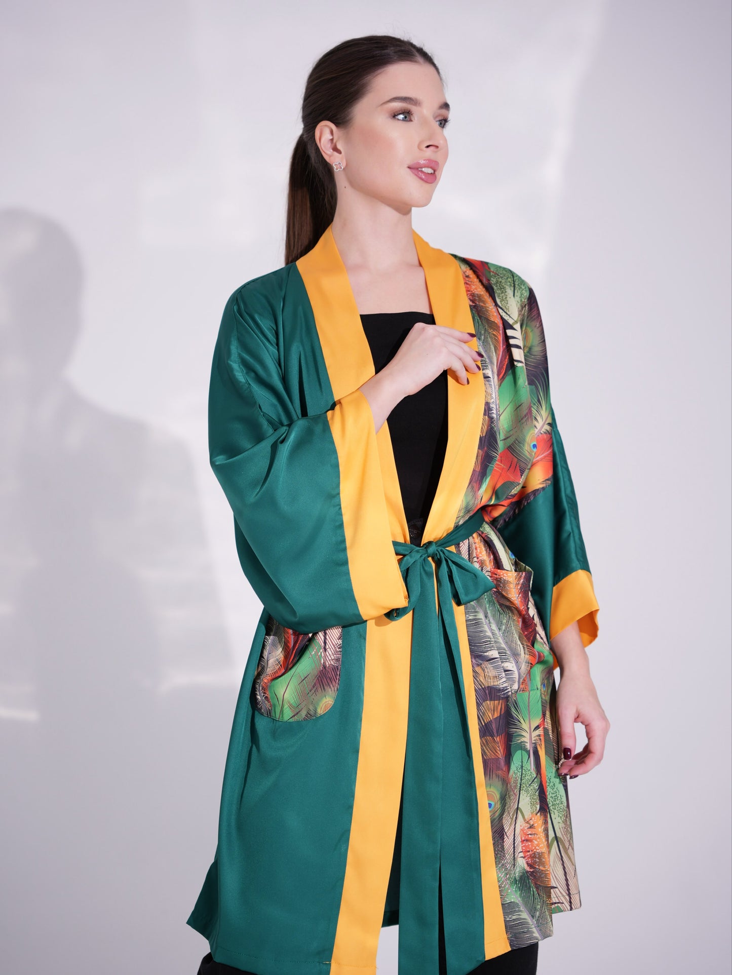 KIMONO EMERALD GREEN GOLD FEATHERS