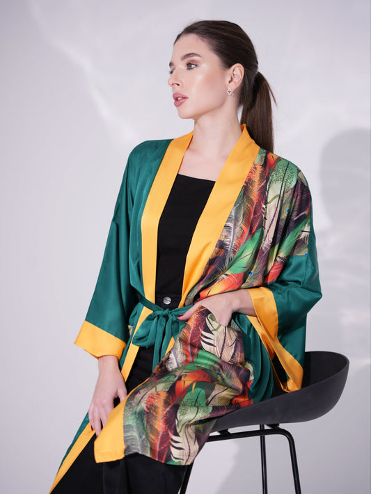 KIMONO EMERALD GREEN GOLD FEATHERS