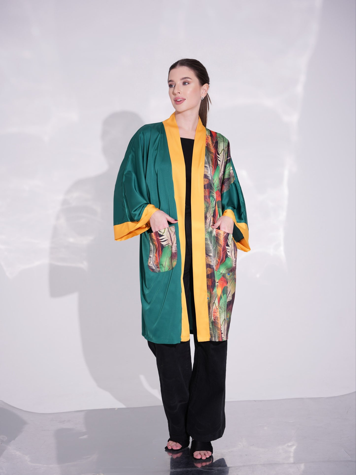 KIMONO EMERALD GREEN GOLD FEATHERS