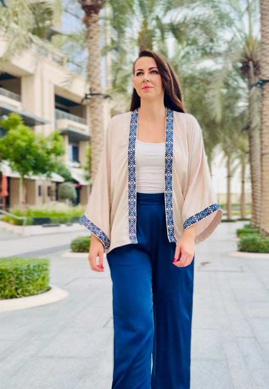 KIMONO BEIGE BLUE TRIM