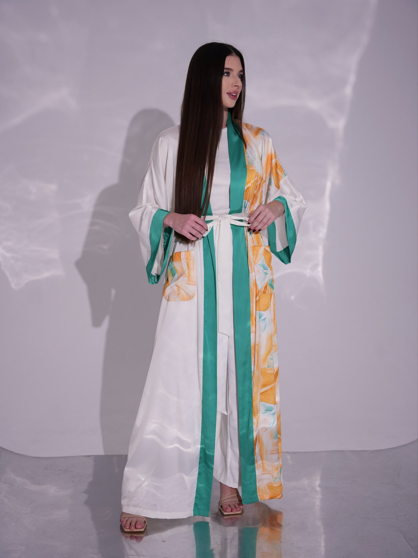 KIMONO OFF WHITE GREEN GOLD LEAVES