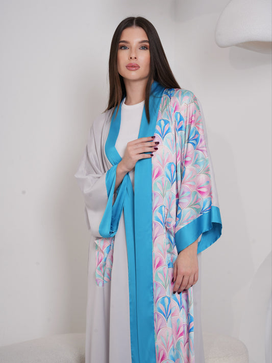 KIMONO PASTEL GREY BLUE LEAVES